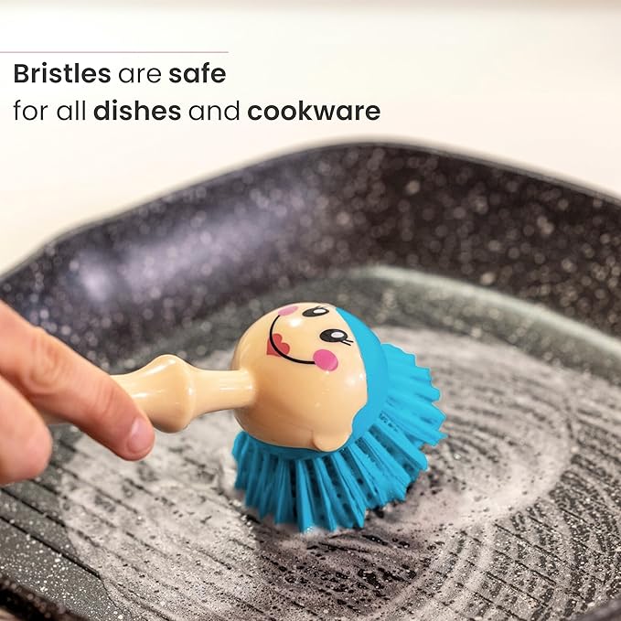 Vigar Dolls Dish Brush with Handle and Holder - Dish Scrubber Brush for Dishes and Pans, Kitchen Scrub Brush, Dishwashing Brush for Kitchen Sink Cleaning, Cute Standing Dish Brush Design - Gray, Blue