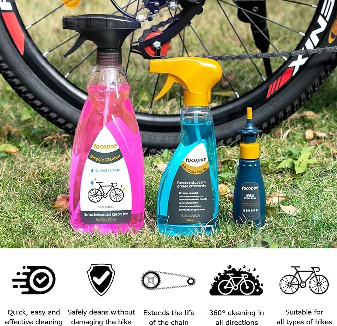 focopot Bike Cleaning Kit with Bicycle Cleaner(25 oz),Degreaser(10 oz),Oil Lubricant(2 oz),Cleaning Brush Tools,Bike Chain Cleaner Kit to Clean and Lube Mountain/Road/MT/EBike