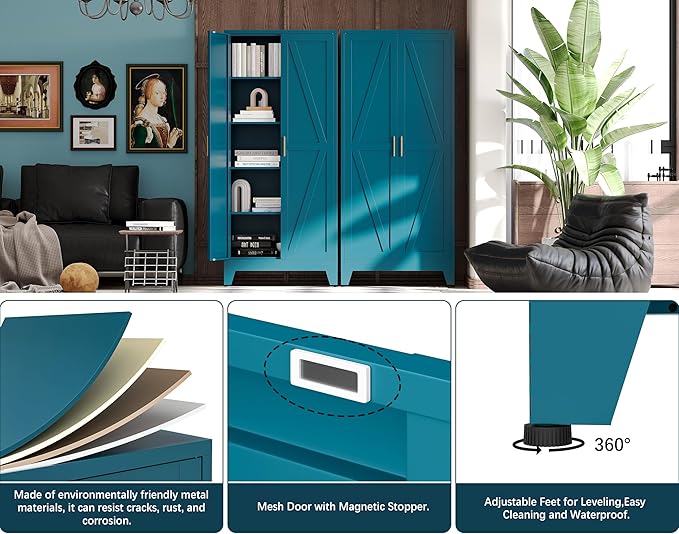 71" H Metal Storage Cabinets,Garage Cabinet,Broom Closet Storage Cabinet,Blue Storage Cabinets,Utility Cabinet