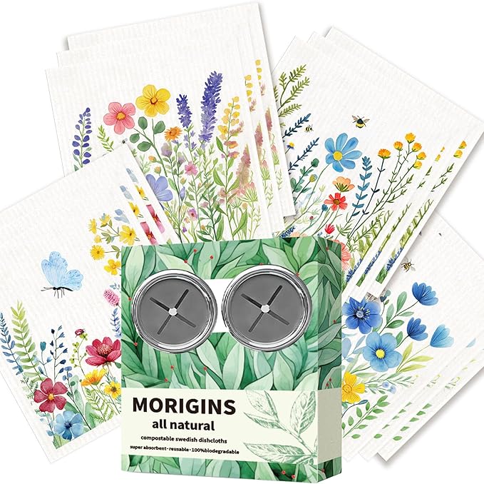 12 Pack Swedish Dishcloths with 2 Push Towel Hooks - Reusable Dish Cloths for Washing Dishes, Napkins Cleaning Cloth Washable - Flower Set