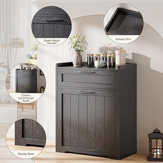 Jocoevol Pull Out Trash Can Cabinet, 2x13 Gallon Hidden Garbage Recycling Bin with Drawer, Freestanding Wooden Kitchen Trash can & Laundry Hamper Cabinet, Pet Proof Waste Bin for Living Room, Black