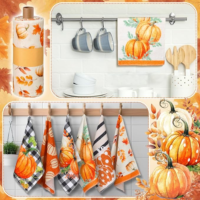 Mindsoft 36 Pcs Fall Reusable Paper Towels Rolls Washable Bulk Autumn Pumpkin Black White Plaid Kitchen Towels Paperless Reusable Cloth Cotton Napkins with Cardboard for Kitchen Bathroom