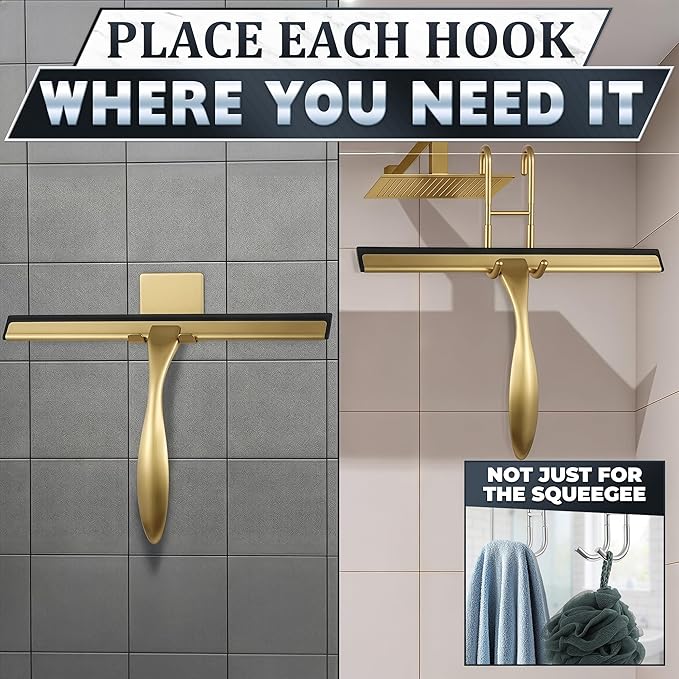 12 Inch Shower Door Squeegee - Gold Squeegee for Shower Glass with Stainless Steel Body, Silicone Blade, Adhesive & Hanging Hooks for Streak-Free Mirror, Tile, Window, Bathroom, Car, Everyday Home Use
