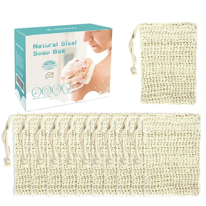 E-Know Soap Bag, 10 Pack Natural Sisal Soap Saver, Zero Waste Plastic-free Soap Net, Foaming and Drying The Soap, Massage, Peeling