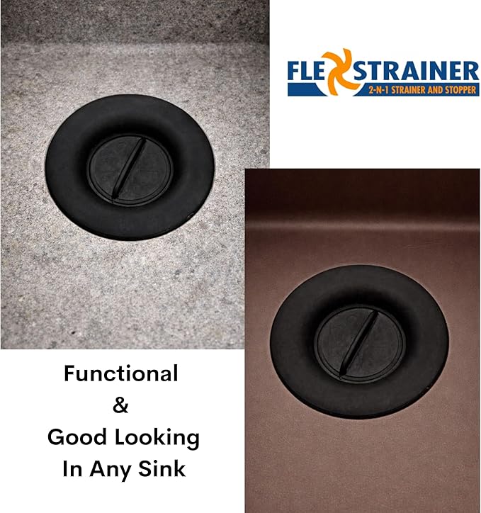 Flex Strainer® Sink Drain Strainer with Optional Stopper – No Center Stem, Fits Standard 3½” Sink Drains & Disposals – Easy Clean, Dishwasher Safe – Made in USA (Black, 1PK)