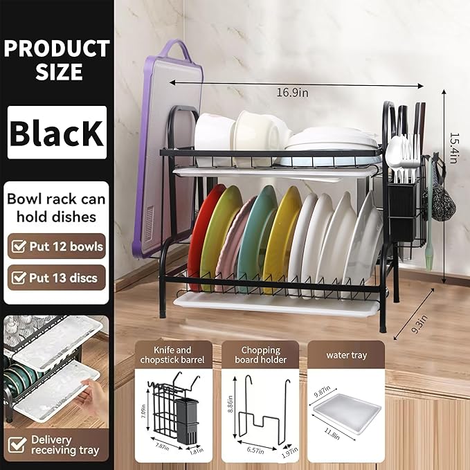 2 Tier Dish Drying Racks with Drainboard,Large Capacity Stainless Steel Dish Racks for Kitchen Counter,Kitchen Sink Organizer for Dishes,Utensils& Fork Knives,Cutting Boards Storage