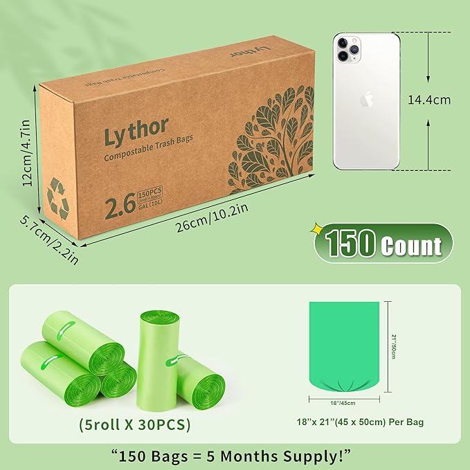 Upgraded Thickness Compostable Trash Bags, 2.6 Gallon / 10L, 150 Count - Maximum Strength, Leakproof & Tough Biodegradable Garbage Bags for Kitchen & Home