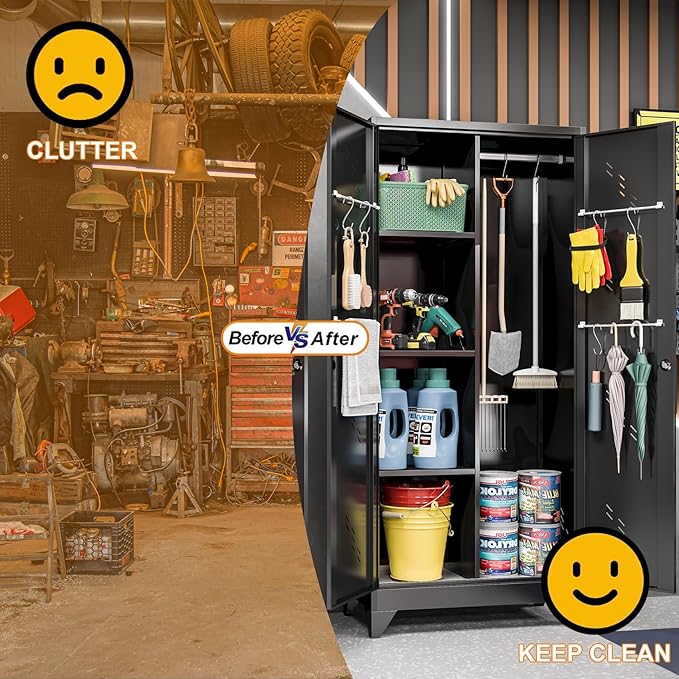 Metal Garage Storage Cabinet, Kitchen Pantry Cabinet, Broom Closet Storage Cabinet with Lock, Modern Steel File Cabinets, Broom and Mop Organizer Cabinets for Laundry Room, Home Office, Gym, Shop