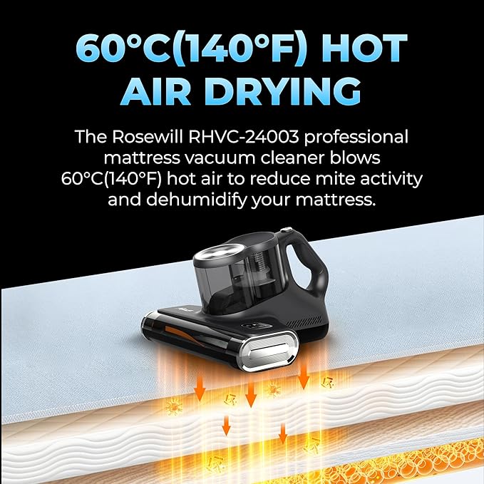 Rosewill Mattress Vacuum Cleaner: 450W 16Kpa Strong Suction, 253.7nm UV-C Light, Ultrasonic & High Heating Tech, Dual Dust Cup, Corded - Metallic Grey