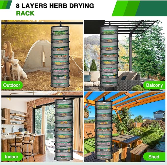 Yesker 8 Layer Herb Drying Rack Hanging Mesh Net Foldable Plant Drying Racks 24" w Green Zipper Pruning Shears Hook Dryer Hanging Rack for Herbs Seed Bud Fruit Clothes Grow Tent Closets Garden Outdoor