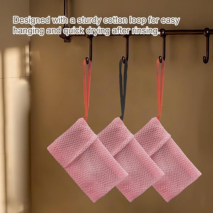 2 Pack Soap Bag Deep Exfoliating,Bar Soap Pouch Saver Pocket,Body Scrubber Shower Bath Sponge Loofah (Pink)