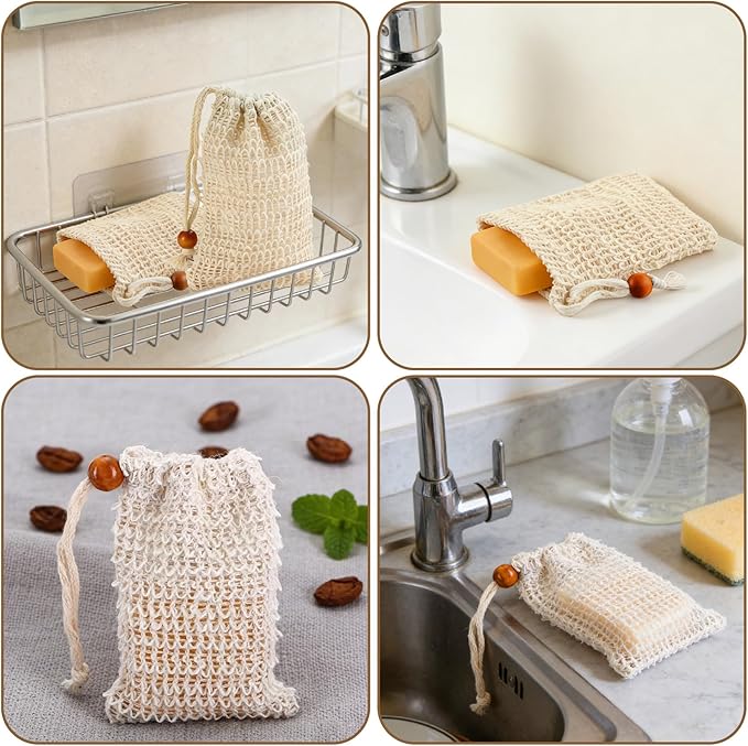 10 Pack Sisal Soap Saver Bags - Exfoliating Foaming Mesh Bar Soap Pouch with Drawstring, Reusable Shower & Bath Body Scrubber, Fast Drying