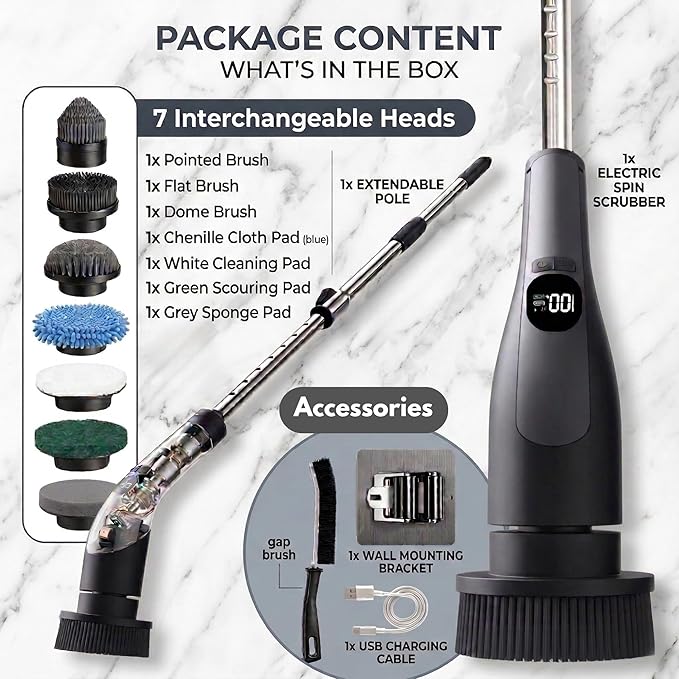 LIVINGPRO Electric Spin Scrubber with LCD Display, Cordless Clearning Scrubber for Home, Upgraded 70W High-Power Motor, IPX7 Waterproof Dual Speed Power Scrubber, 7 Brush Heads, Extendable Long Handle