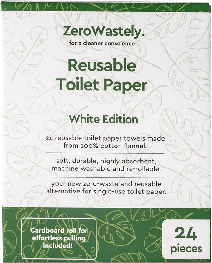 ZeroWastely 24 Reusable Toilet Paper Washable Roll - Bidet Towels Washable Toilet Paper - Cut Back & Waste Less with our Colored Super Soft, Absorbent & Re-Rollable Cloth Wipes - White Edition
