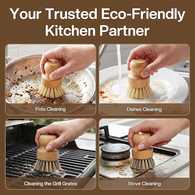 Wooden Dish Brush with Metal Stand Handheld Bamboo Wok Brush Scrubber for Dishes Pans Pots Fruit and Veggie Washing(2,Beige Brown)