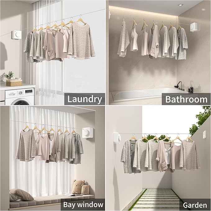 JOOM Retractable Clothesline Indoor Heavy Duty Clothes Drying Laundry Line Wall Mounted Easy Hanging Clothes Drying Laundry Line Retracting Hanging Lock to Prevent Sagging (Square,White)