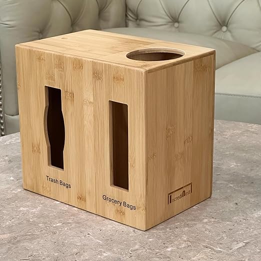 Grocery Bag Holder & Trash Bag Dispenser, Large 2-in-1, Extra Depth Fits 13 Gallon Rolls, Under Sink, Wall Mounted, Pantry, Bamboo