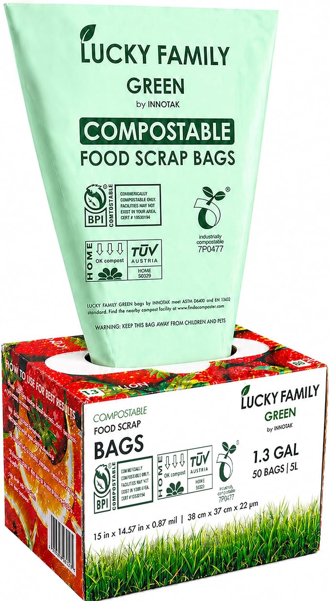 Compostable Trash Bags for Kitchen Compost Bins – 1.3 Gallon Small Compost Bags for Countertop Bin, Green Compostable Bags, BPI Certified ASTM D6400, Leak-Resistant Food Waste Bags (50 Count)