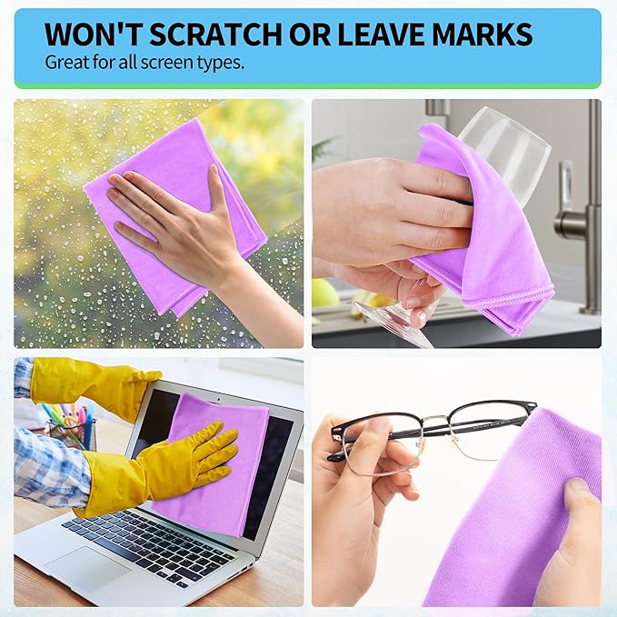 Microfiber Cleaning Cloth, 12 Pack Window Glasses Cleaning Cloth, Reusable Lint-Free Streak Free Polishing Cloth Wipes for Stainless Steel, Eyeglass, Mirror, Screen & Lense,12"*12" Purple