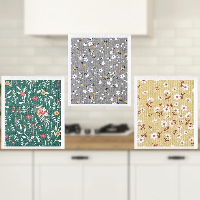 CHENGU 6 Pcs Swedish Kitchen Dish Towels Kitchen Cloth Absorbent Quick Drying Cloths Reusable Dishcloth Small Cleaning Rag for Counter(Flowers Leaves Patterns)