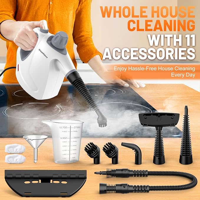 Pressurized Handheld Steam Cleaner-11-Piece Accessories, 15.2OZ Tank Hands-Free Steamer for Cleaning, Portable Handheld Steam Cleaner for Home, Upholstery, Car, Floor, Grout & More