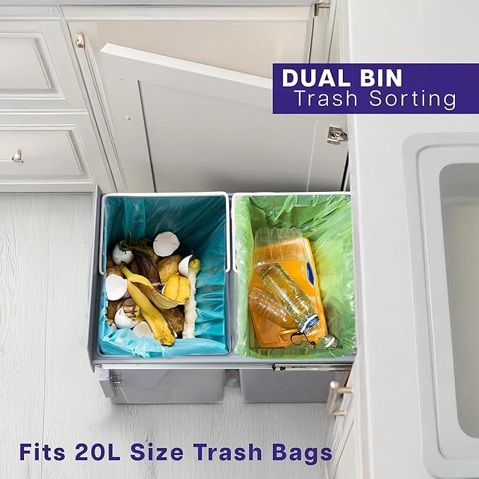 Life Finds 40L Under Counter Pull-Out Dual Trash Can System, Double Recycling Trash Can with Lid for Cabinet, Sliding Kitchen Waste Bin, Gray, LF-POTC2