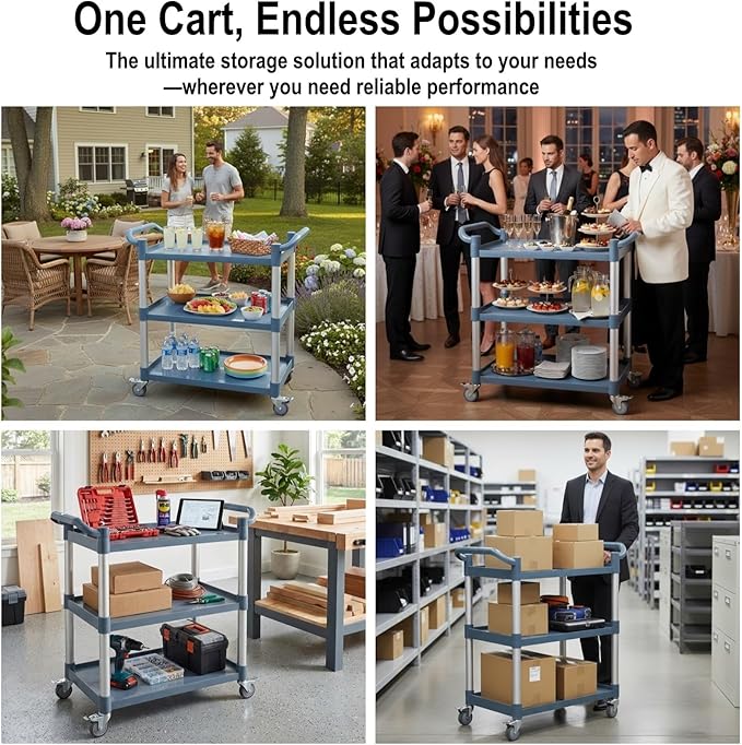 3-Tier Rolling Utility Cart on Wheels, 510 lbs Capacity Utility Service Cart, Commercial Kitchen Cart with 4 Lockable Swivel Casters for Restaurant/Home/Warehouse/Office (31.5X 15.75x 37.4 in)