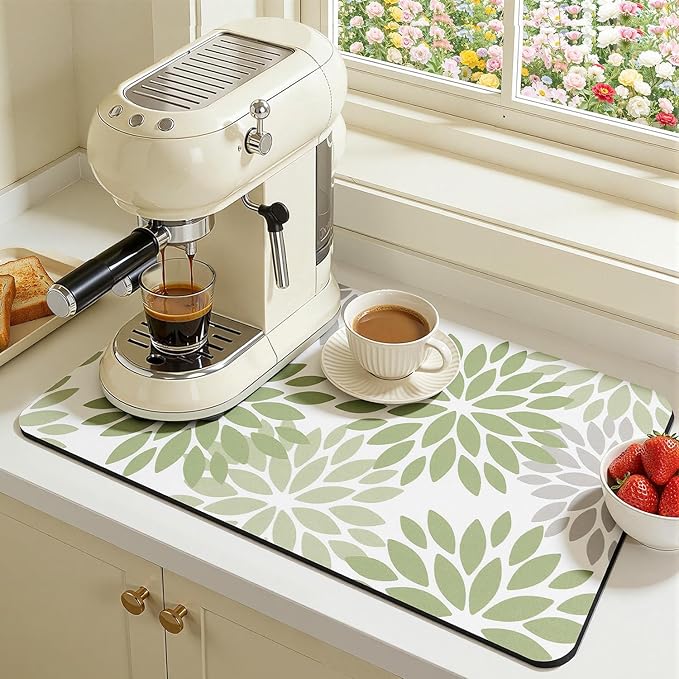 Findosom Floral Dish Drying Mat, 17" x 32" Super Absorbent & Hide Stain Coffee Mat, Cuttable Drying Mat for Kitchen Counter, Under Dish Rack, Coffee Maker, Espresso Machine, Sage Green