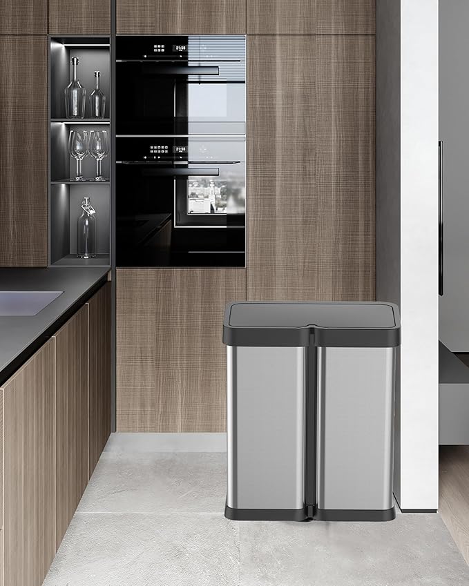 Dual Compartment Motion Sensor Trash Can, 2×8 Gal Garbage Can with Lid, Stainless Steel Trash Bin with 2 Removable Inner Buckets, Soft-Close Foot Pedal, Fingerprint-Resistant for Kitchen Home Office