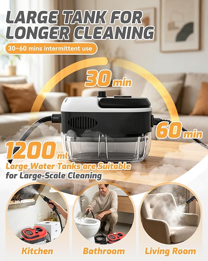 5-in-1 221°F Pressurized Handheld Steam Cleaner for Home, Car, Tile, Grout, Kitchen Cleaning, Glass, 2500w Handheld High-Temperature Pressurized Steam Cleaner with 6 Levels & 1.2L Tank (White)