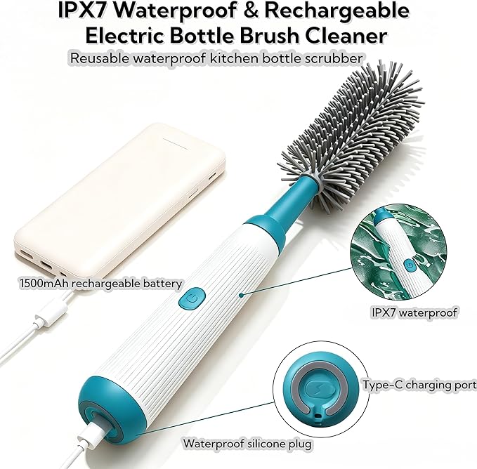 Electric Bottle Brush Set, 6-in-1 Electric Cleaning Brush with Waterproof Silicone Cleaner, 3 Replaceable Brush Heads, Straw Brush & Extension Rod, for Baby Feeding Supplies and Kitchen Utensils