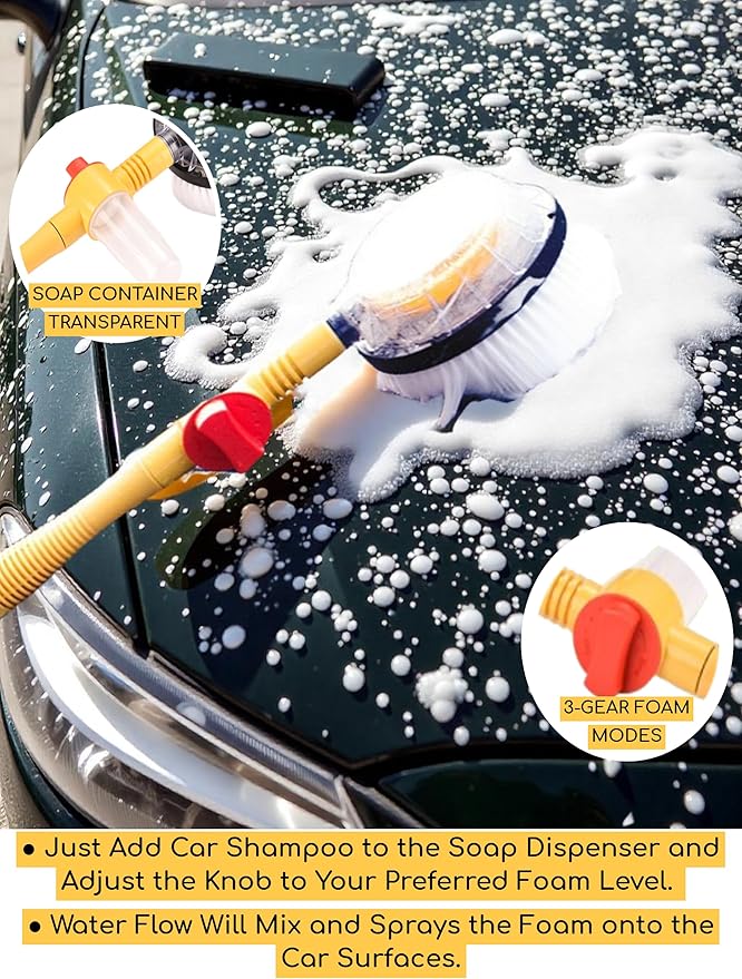 Rotating Car Wash Brush with Soap Dispenser & Hose Attachment Soft Bristle Car Spin Mop Washing Scrub Brush with Long Handle Water Flow Through High Pressure Car Cleaning Brush Kit Car Wash Hose
