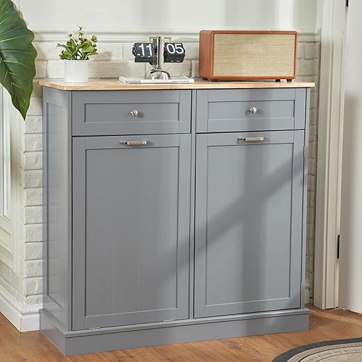 AHB Double Tilt Out Trash Can Cabinet Hidden Kitchen Trash Can, 2x13 Gallons Freestanding Recycling Cabinet with Hideaway Drawers Pet Proof Trash Can for Kitchen Living Room, Grey