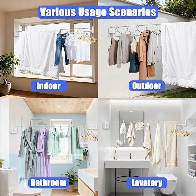 Retractable Clothesline Indoor & Outdoor, 17.4 Ft Non-Sagging Laundry Washing Line with Wall Mounted Heavy Duty, Space-Saving Clothing Drying Rack with Telescoping Hanger (1, Upgraded White)