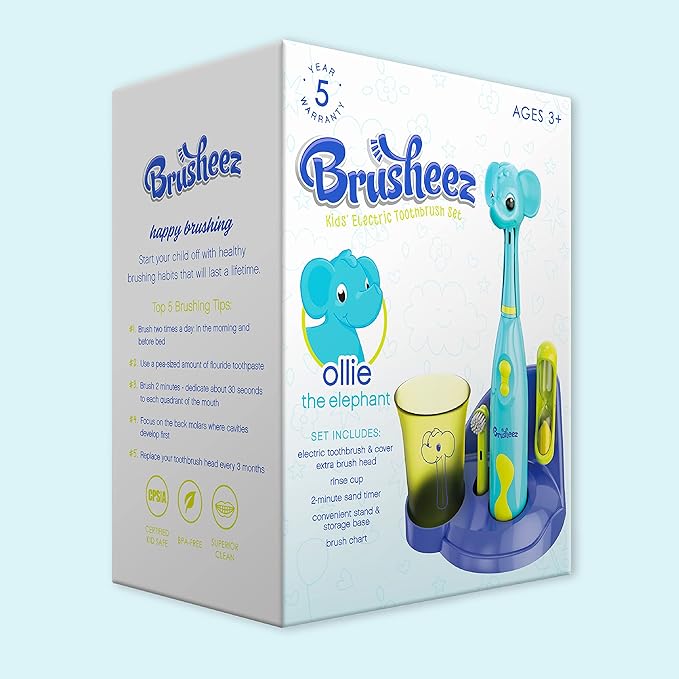 Brusheez Kids’ Electric Toothbrush Set - Safe & Effective for Ages 3+ - Parent Tested & Approved with Gentle Bristles, 2 Brush Heads, Rinse Cup, 2-Minute Timer, & Storage Base (Ollie the Elephant)