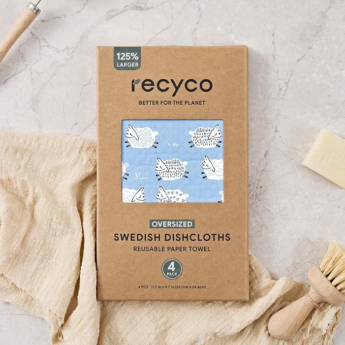RECYCO Swedish Dishcloths for Kitchen | 4 Pack Oversized Washable Dish Rags | Large Cellulose Reusable Cleaning Paper Towels | Absorbent Counter Dish Cloth Sponge XL Kitchen Wipes, 12" L x 12" W