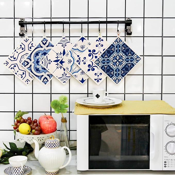 Swedish Dish Clothes Pack of 6, Reusable, Absorbent Hand Towels for Kitchen, Bathroom and Cleaning Counters - Blue Cellulose Sponge Cloth