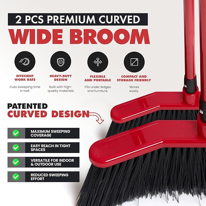 with Dustpan Combo Set – Pack of 2, 16" Curved Head, 52" Adjustable Telescopic Handle, Soft PVC Bristles, Indoor Outdoor Broom and Dustpan Set for Kitchen, Pet Hair, Dust & Debris