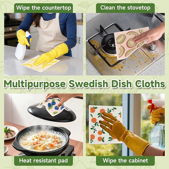 Polly Online Swedish Dishcloths for Kitchen,6 Pack Cloth Paper Towels Reusable Washable,Super Absorbent Dish Towels,No Odor,Biodegradable,Fruit Design