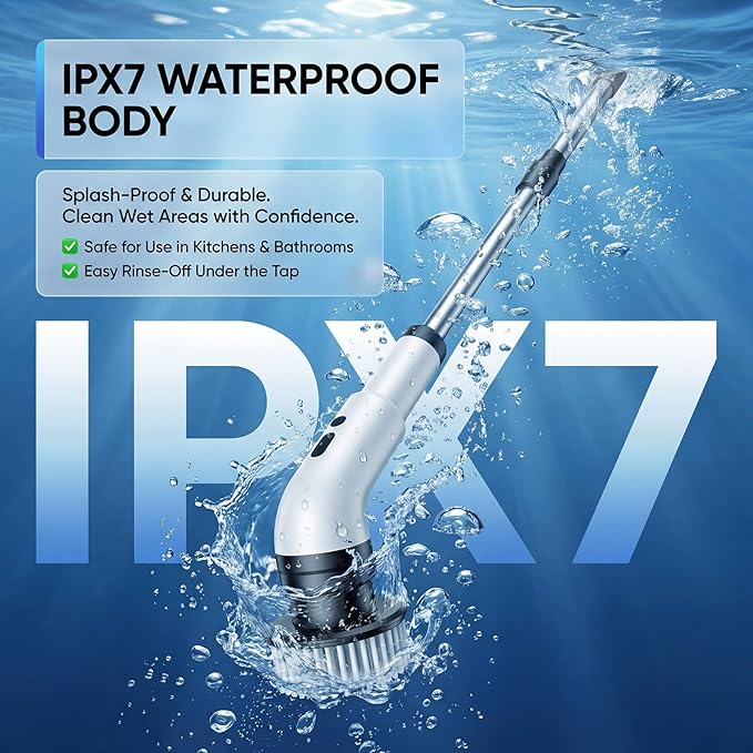 Electric Spin Scrubber, Cordless Power Scrubber for Bathroom/Shower/Tub/Tile & Grout, 9 Brush Heads, Dual-Speed, Adjustable Extension Handle, IPX7 Waterproof, USB-C Rechargeable Cleaning Tool (White)