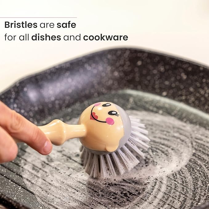 Vigar Dolls Dish Brush with Handle and Holder - Dish Scrubber Brush for Dishes and Pans, Kitchen Scrub Brush, Dishwashing Brush for Kitchen Sink Cleaning, Cute Standing Dish Brush Design - Pink, Gray