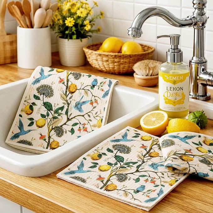 Sliner Swedish Lemon Birds Dishcloths for Kitchen Dish Towels 6 Pack Reusable, Machine Washable Non-Scratch Reusable Paper Towels Absorbent Washable Dish Cloths