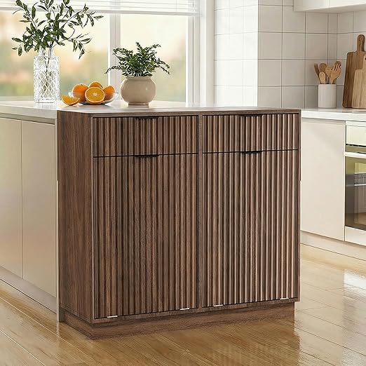 20 Gallon Double Tilt Out Trash Can Cabinet,Fluted Tilt Out Laundry Hamper Cabinet,Suitable for Kitchens, Laundry Rooms and Living Rooms Walnut Brown
