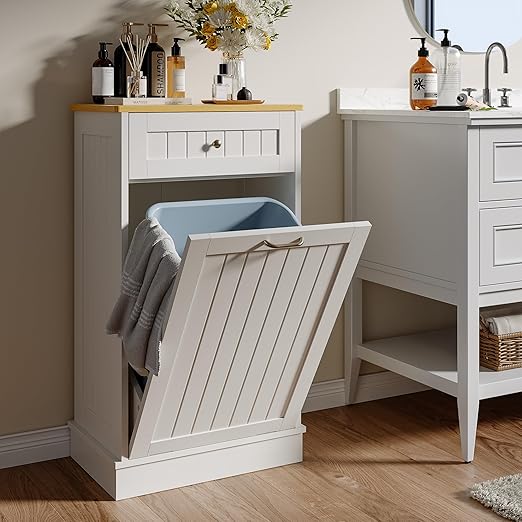 LOUVIXA Tilt Out Trash Can Cabinet, Hidden Trash Cabinet with Drawer, Wooden Dog Proof Trash Can Holder, Tilt Out Laundry Hamper, Garbage Can Holder (White)