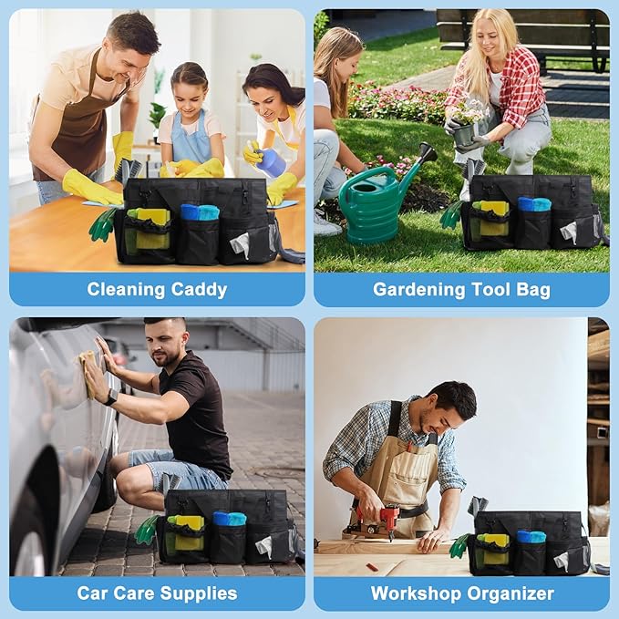 Large Wearable Cleaning Caddy Bags, Cleaning Supplies Organizer with Detachable Divider & Adjustable Shoulder Straps for Housekeepers & Cleaners, 14 inch Black Tool Bag