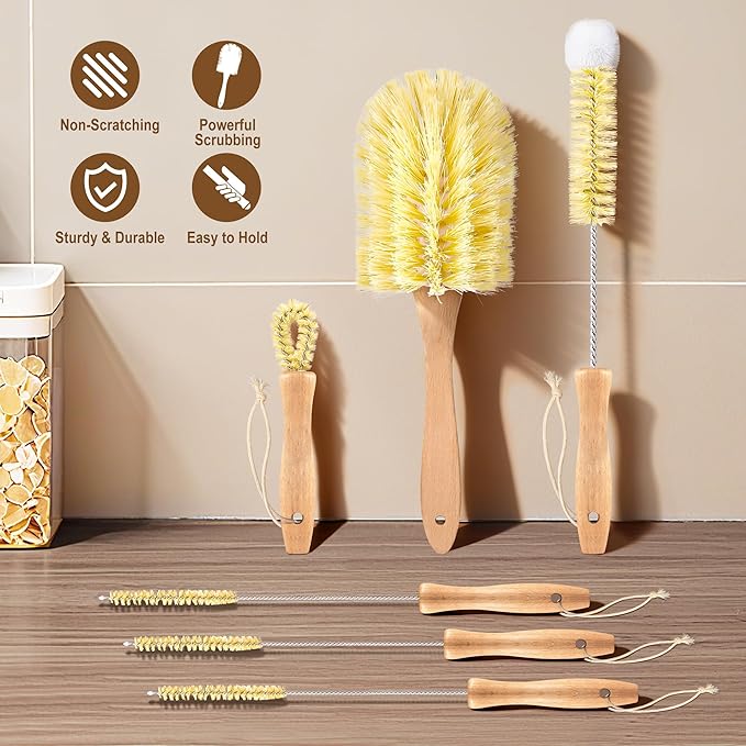 Bottle Brush Set - 6 Pack Sisal Bristle Natural Bottle Brush, All in One Bottle and Straw Brush Cleaning Set for Water Bottles, Glasses, Cups and Lid