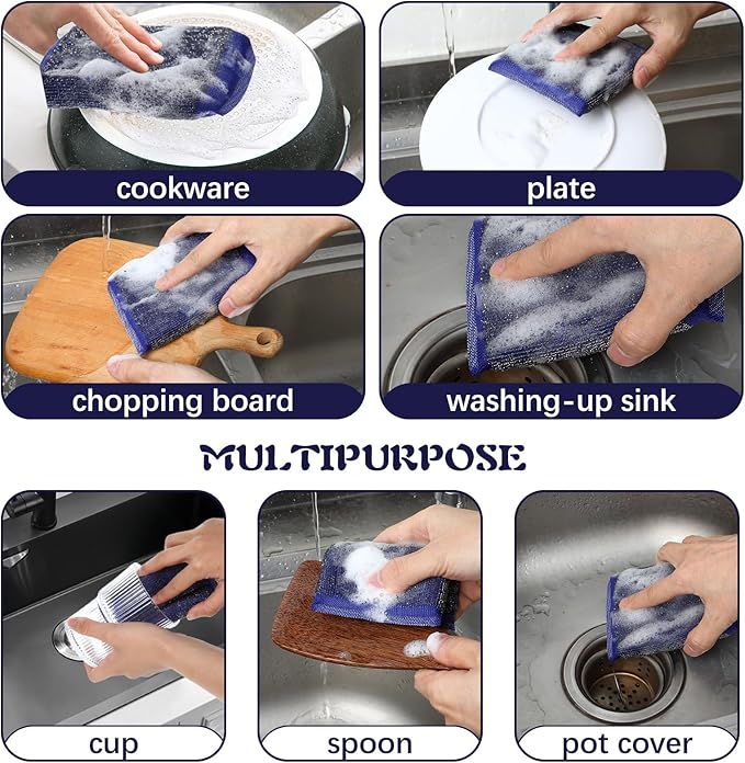 6 pcs Steel Wool Kitchen Sponges Steel Dish Scrub Sponge Reusable Non-Scratch Scrubbers Multipurpose Scouring Sponges Duty Dish Microfiber Wash Kitchen Sponge for Cleaning Tools Pots Pans Scrub