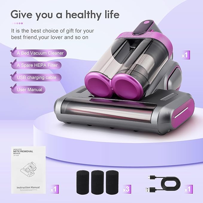 AMTPM 17KPa Cordless Mattress Vacuum Cleaner with UV Care & 40,000RPM Beating - 520ml Dustbin, USB Rechargeable for Bed, Pet Hair