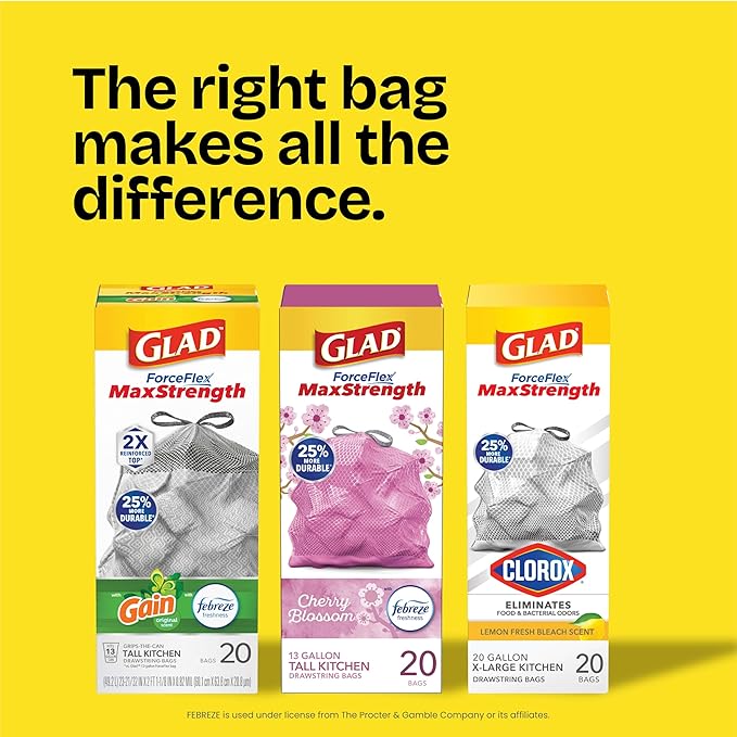 Glad ForceFlex MaxStrength with Clorox Tall Kitchen Trash Bags, 13 Gal, 34 Ct (Package May Vary)