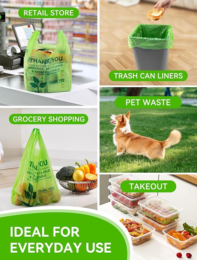 UMT Plastar 200 Count Biodegradable T-Shirt Bags, Compostable Thank You Grocery Bags, Eco Friendly Plastic Shopping Bags, 11.5 x 6.25 x 21 Inch, 16 Mic Heavy Duty Retail Carry Out Bags